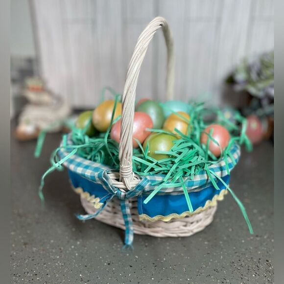 10” Basket Oval White w/ Handle Blue Gingham Liner Yellow RicRac Trim EPC - Picture 2 of 10